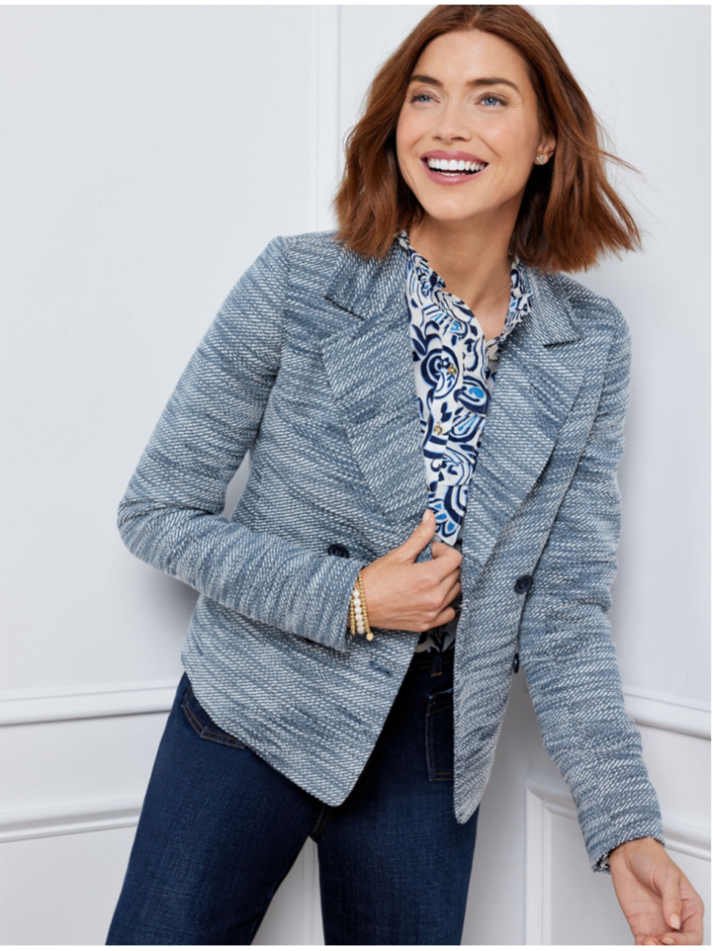 Talbots Blue & White Tweed Double-Breasted Blazer Size 8 (20” PTP)